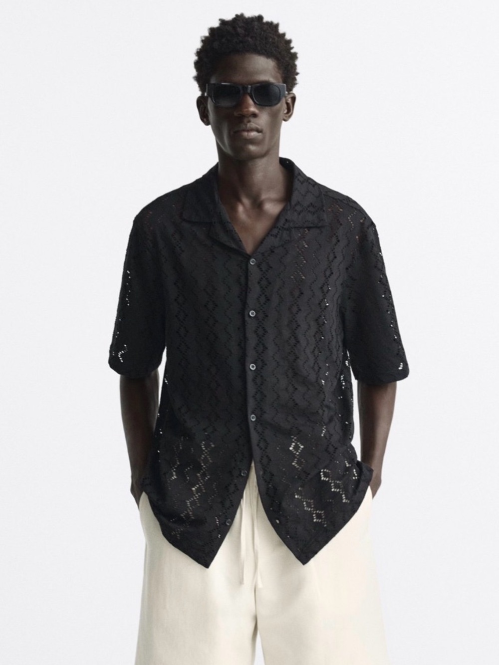 Zara Black Short-Sleeve Button-Down Crochet Shirt